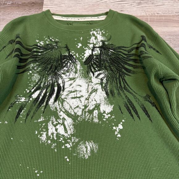 Vtg Y2K Canyon River Blues Green Waffle Knit Graphic Long Sleeve Grunge Top XL - Picture 2 of 7